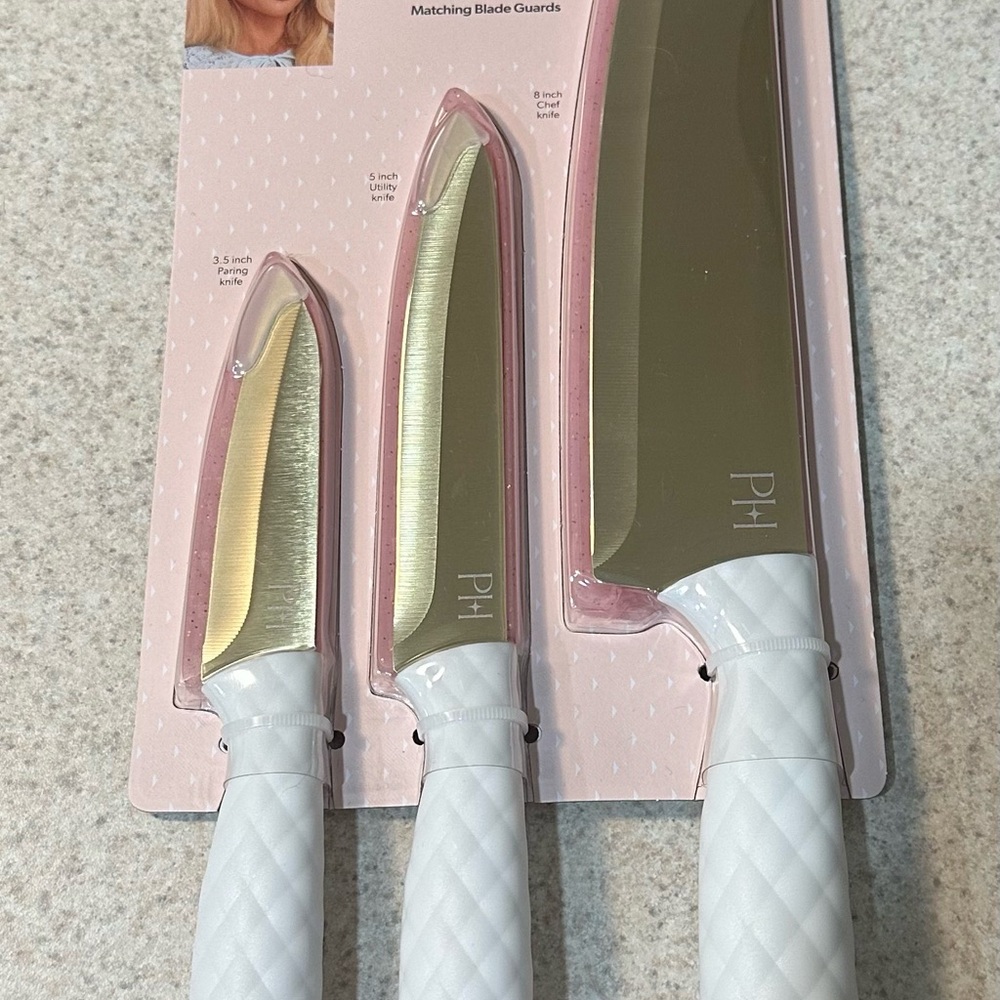 Paris Hilton Bow Pink White and Gold Knife Set 3 with Blade Guards New